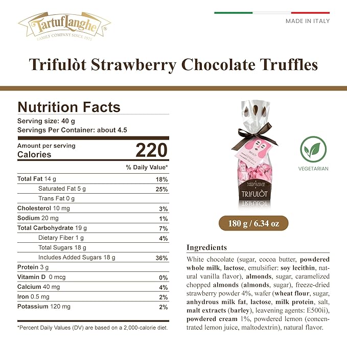TartufLanghe Trifulot Strawberry &amp Cream White Chocolate Truffles with Almonds - Individually Wrapped Gourmet Italian Truffle Candy Fancy Chocolate Gift Set in a Bag From Italy- 6.34 OZ