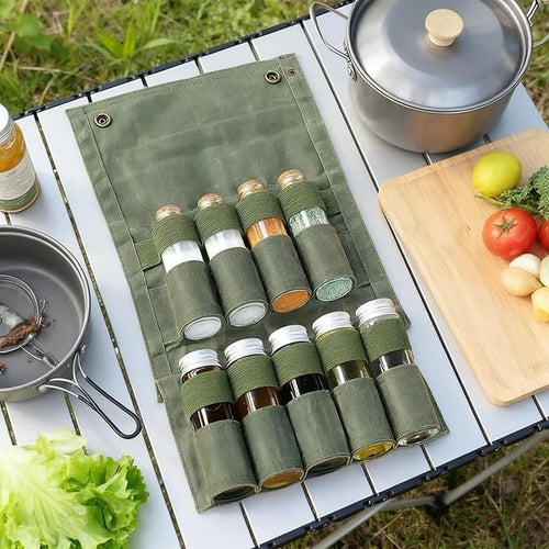 9 Pcs Compact Travel Spice Set Foldable Canvas Seasoning Kit With Glass Vessels Army Green For Bbqs And Outdoors