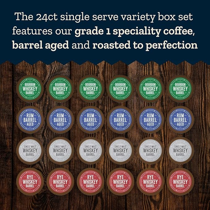 Cooper’s Cask Coffee Bourbon Barrel Aged Coffee Pods Variety Pack Set - Single Serve Cups Bourbon Rye Whiskey Malt Whiskey Rum Flavors 24ct