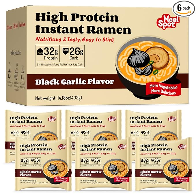 Healspot High Protein Instant Ramen 6 Pack Non Fried Ramen Broth 32g Plant Based Protein Low Fat Low Carb Non GMO Keto Friendly &amp Plant Based(Black Garlic Classic-Pork Flavor)