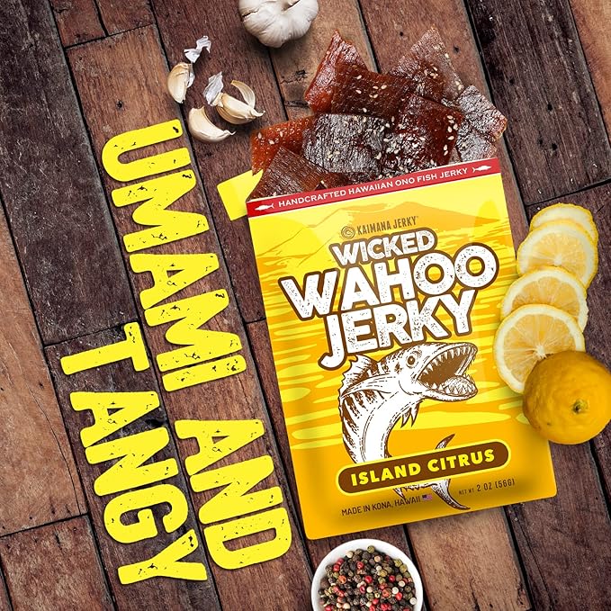 Island Citrus Wahoo Ono Fish Jerky - Zesty Umami Flavor - Artisan Crafted - Gourmet Dried Fish Strips Rich in Omega-3 &amp Protein - Low-Calorie Seafood Snack with Low Sodium &amp Sugar - 2 Ounce (3