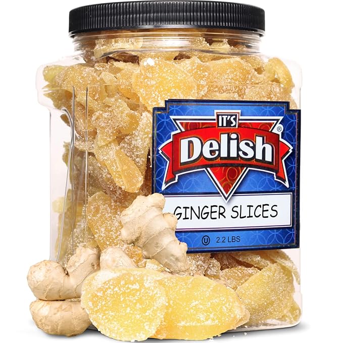 Crystallized Ginger Slices by It's Delish 2.2 Lb Jumbo Reusable Container | Candied Dried Ginger Fruit Chews Natural Candy Ginger Root with Sugar Crystals Unsulphured - Healthy Snack Vegan Kosher
