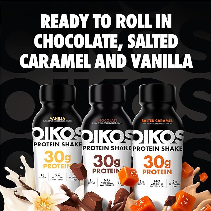 Oikos Protein Shake Exclusive Variety Pack 30g High Protein Drinks Shelf Stable Ready to Drink 5g Prebiotic Fiber 12 fl oz Bottle (4 ct Chocolate 4 ct Vanilla 4 ct Salted Caramel)