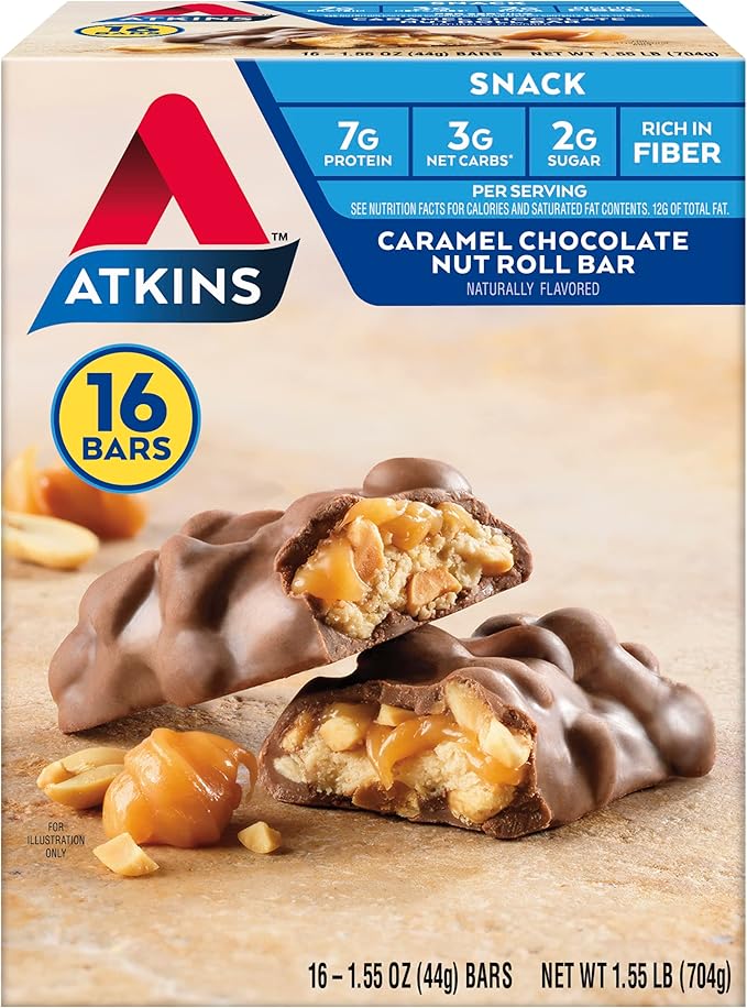 Atkins Soft Baked Blueberry Protein Bars 20 Count &amp Caramel Chocolate Nut Roll Snack Bars 16 Count Bundle