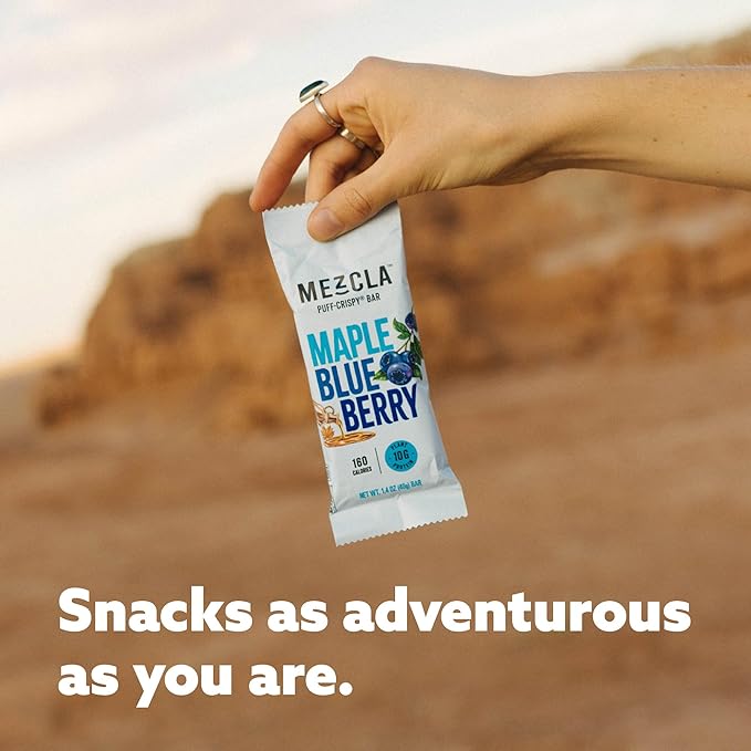 Mezcla Puff-Crispy Plant Based Protein Bars - Maple Blueberry - Healthy Snacks for Adults &amp Kids - Granola Bars for School Travel Office Snacks - Gluten Free Vegan Non GMO 10g Protein - 12 Co