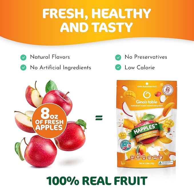 Happles Freeze Dried Apples with Mango Fruit Powder – 100% Natural No Added Sugar Healthy Low Calorie Apple Crisps Snack for Adults &amp Kids Gluten Free No Artificial Flavours (10 Pack)