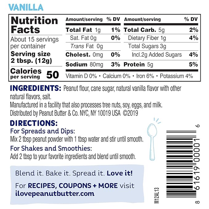 Peanut Butter &amp Co. Vanilla Peanut Powder 5g Protein 0g Sugar Added 50 Calories per Serving 90% Less Fat Non-GMO Project Verified Vegan &amp Gluten Free Peanut Butter Powder 6.5 oz Jars (P