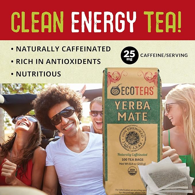 ECOTEAS PremiumOrganic Yerba Mate Tea Bags – Natural Energy &amp Detox Herbal Tea – Coffee Alternative - Kosher Non-GMO Gluten-Free - 100 Unsmoked Bulk Bags 8.8 oz (Pack of 3)