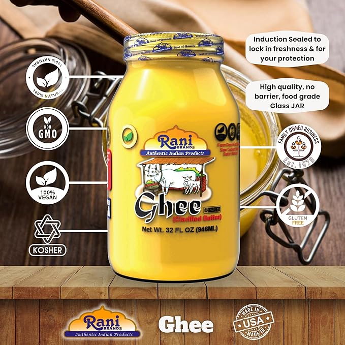 Rani Ghee Pure &amp Natural from Grass Fed Cows (Clarified Butter) 32oz(2lbs) 908g ~ Glass Jar | Paleo Friendly | Keto Friendly | Gluten Free | Kosher | Product of USA