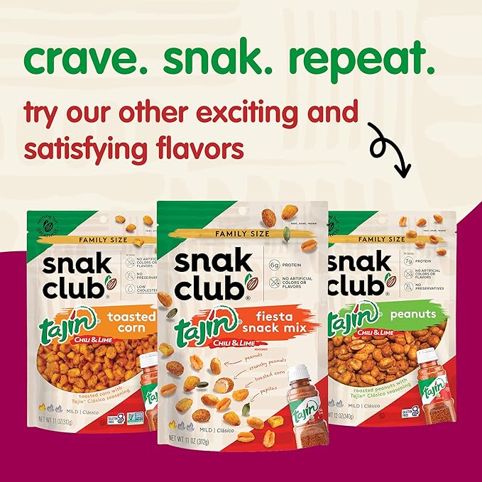 Snak Club Tajin Crunchy Peanuts Nuts with Chili and Lime Seasoning Mild No Artificial Colors or Flavors 4 oz Resealable Bags 6 Pack