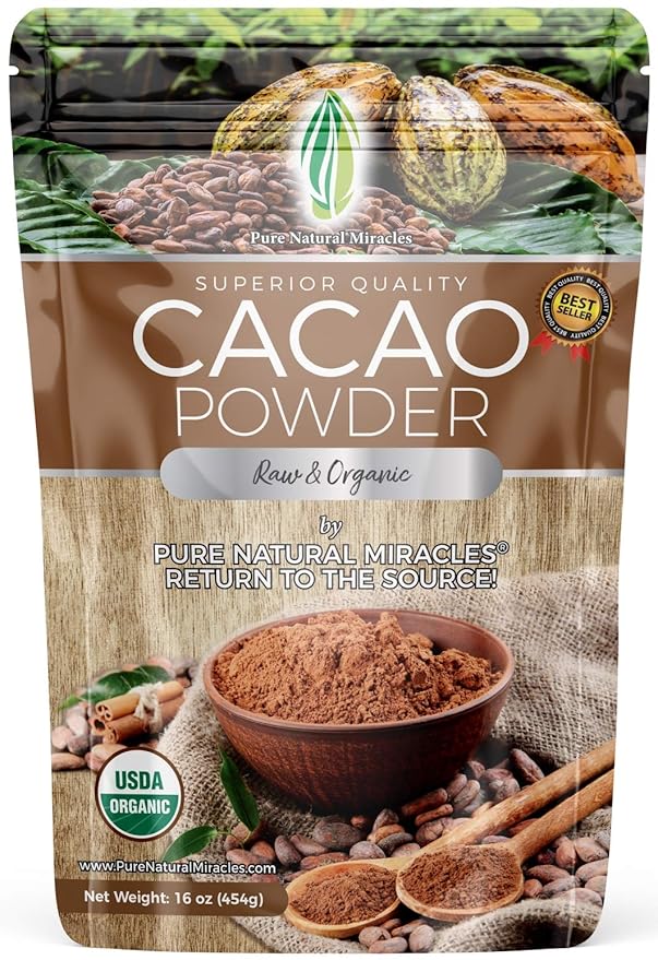 Pure Natural Miracles Cacao Powder Organic - Raw Unsweetened Non-Alkalized Cocoa - Ceremonial Grade Single-Origin from Ecuador - Perfect for Hot Chocolate Smoothies or Baking - 16 oz