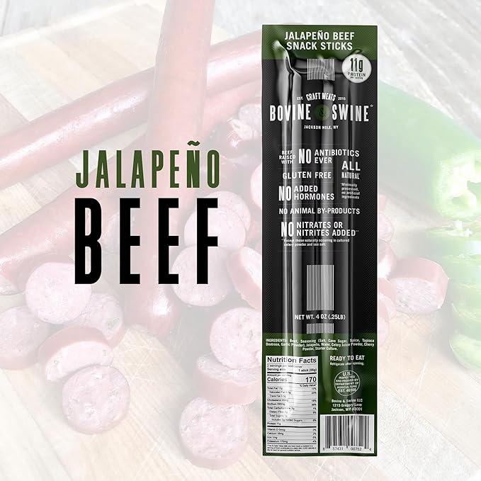 Bovine &amp Swine All-Natural Gourmet Craft Beef Snack Sticks | 10 Packs of 2 | Wyoming Jerky Sticks High Protein Individually Wrapped | Camping &amp Hiking Snacks | Clean Ingredients | Jalapeño B