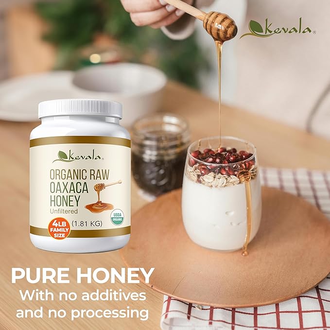 Kevala Organic Raw Oaxaca Honey - Nutritious Honey with no Pesticides and no Sugar Added or Given to the Bees Natural Sweetener for Cooking and Baking at Home Great for Pancakes and Waffles 4 lb