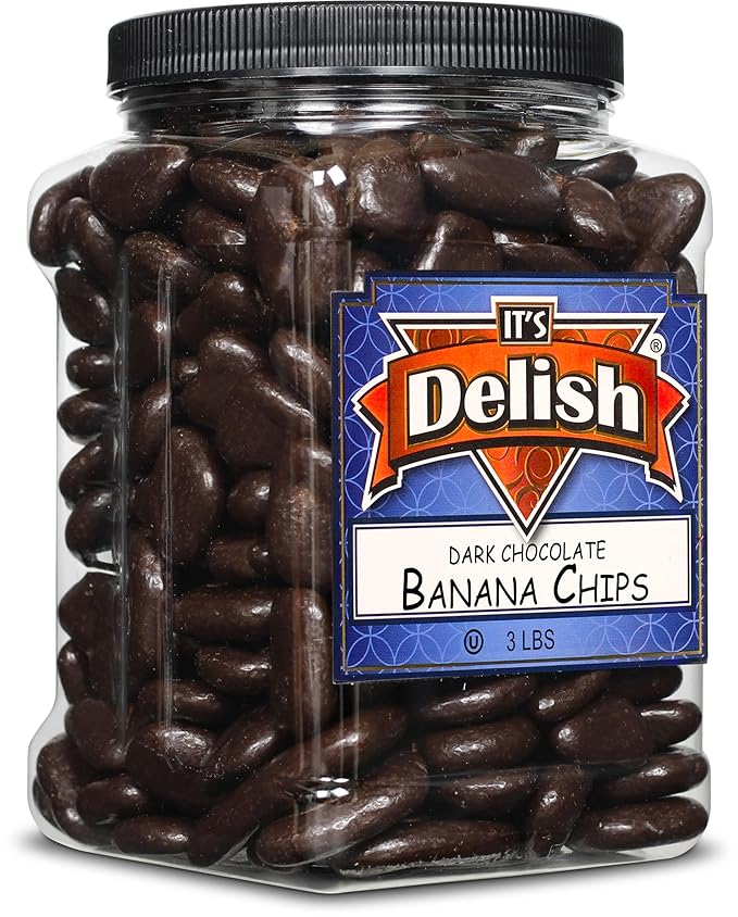 Dark Chocolate Covered Banana Chips by Its Delish 3 Lbs Jumbo Container | Gourmet Dark Chocolate Banana Chips Healthy Snacks Chocolate Fruit USA Made Vegan Kosher