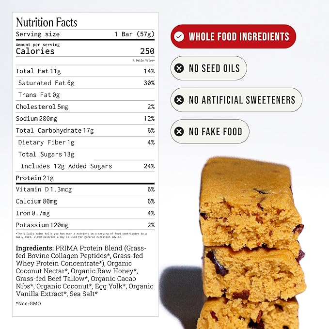 Prima Ancestral Protein Bar | Grass Fed 21g Protein Salted Caramel | Beef Tallow Raw Honey Egg Yolk | Seed Oil Free No Artificial Sweeteners | 7 Pack