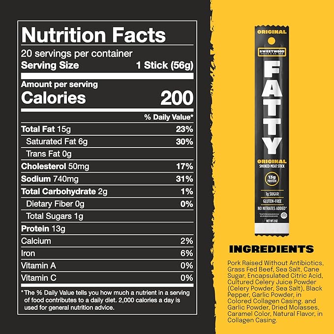 FATTY Grass-Fed Beef Smoked Meat Sticks Original Flavor 13g Protein Per Stick 2 oz. (Pack of 20)