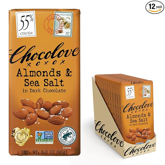 Chocolove Almonds &amp Sea Salt Dark Chocolate Bars | 55% Cocoa | Crunchy Almonds with a Salty Twist | Premium Dark Chocolate | Non-GMO &amp Gluten-Free 3.2 oz Bar (12 Pack)