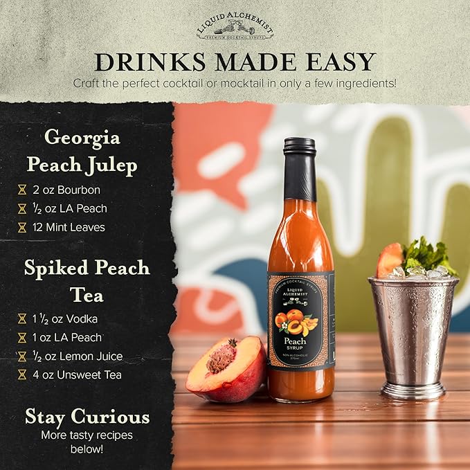 Liquid Alchemist Peach Syrup for Drinks - Real Ingredients Make the Perfect Summer Cocktail or Margarita Mix - Our Peach Flavoring Syrup is Non-GMO &amp Vegan (25.4 oz)