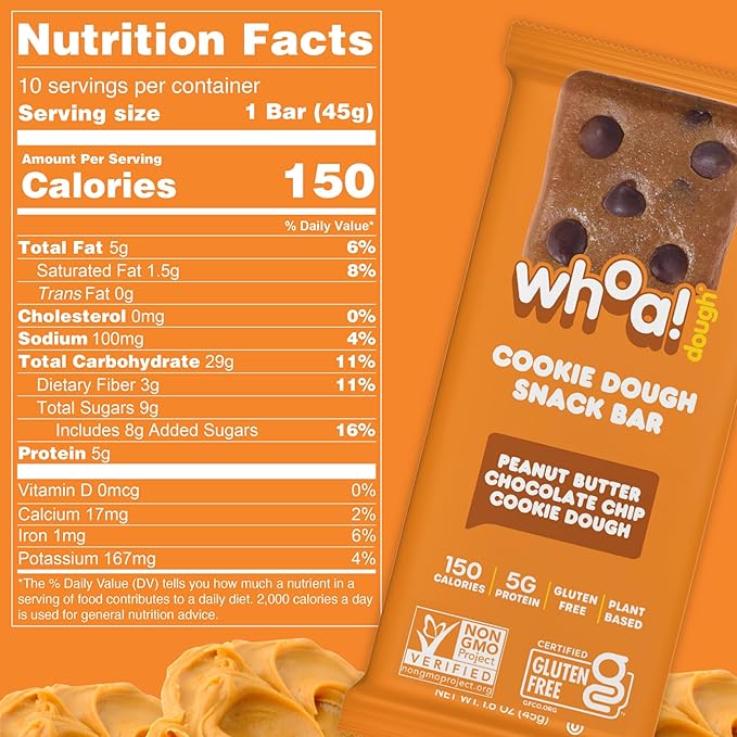 Whoa Dough Edible Cookie Dough Bars- Certified Non-GMO Kosher and Gluten Free Bars - Healthy Snack Foods - Plant Based Snacks - Peanut Butter Chocolate Chip Cookie Dough - 4 Pack