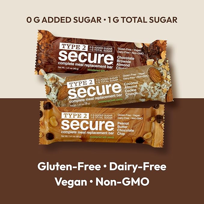 ANDREW LESSMAN Type 2 Secure Complete Meal Replacement Bars (Stevia) – VARIETY(Coconut Almond Cookie Crunch Chocolate Brownie Almond Crunch Peanut Butter Chocolate Chip) – 36 ct box – 10g Protein
