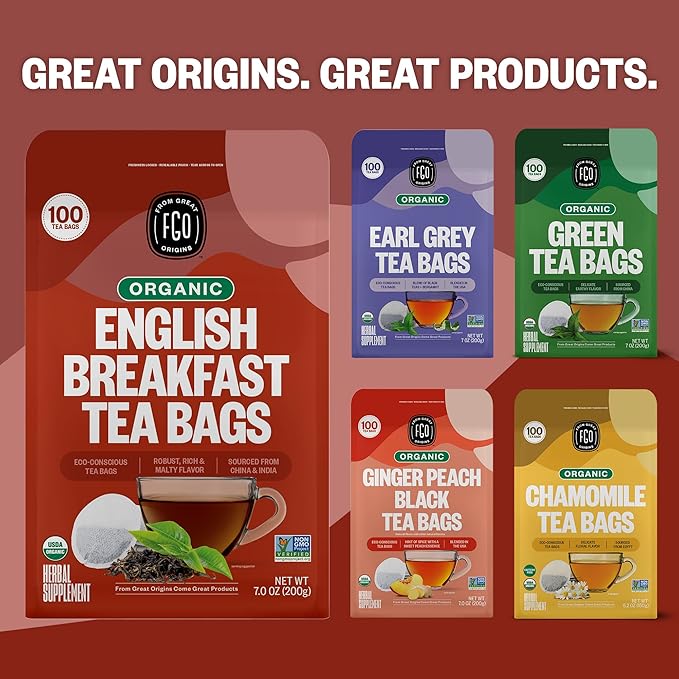 FGO Organic English Breakfast Black Tea 100 Count Eco-Conscious Tea Bags Resealable Bag Packaging May Vary (Pack of 1)