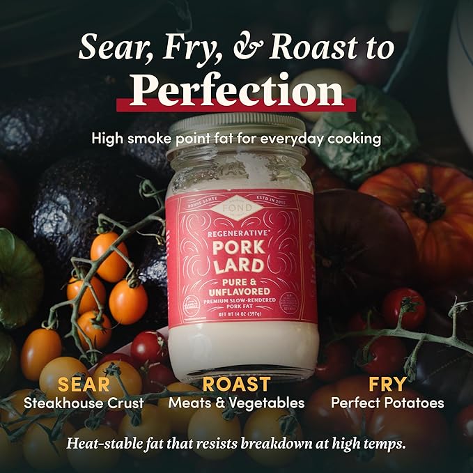 FOND Regenerative 100% Pork Lard for Cooking and Baking – 14oz Pure &amp Unflavored Rendered Lard Shelf‑Stable Pasture-Raised Pork Fat for Cooking Sautéing Roasting High Smoke Point Seed Oil‑Fre