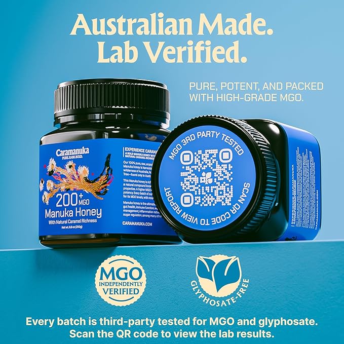 Caramanuka Manuka Honey MGO 200 – 100% Raw &amp Unfiltered Australian Honey Independently Lab-Tested for MGO &amp Glyphosate Bold Caramel-Like Flavor 8.8 oz (250g)