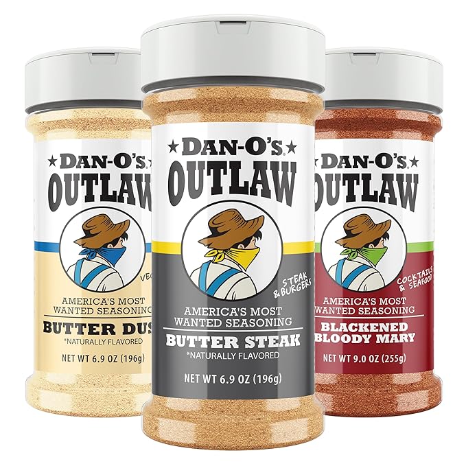 Dan-O’s Outlaw Seasoning Variety Pack – 3 Bottle Set – Butter Dust Butter Steak &amp Blackened Bloody Mary – Bold Buttery &amp Blackened Spice Blends for Meat Seafood Veggies &amp Cocktails