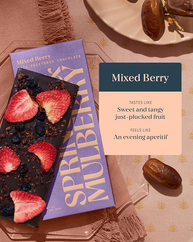 Spring &amp Mulberry Dark Chocolate Bars – Healthy Dark Chocolate Date-Sweetened - Mixed Berry 6 Pack