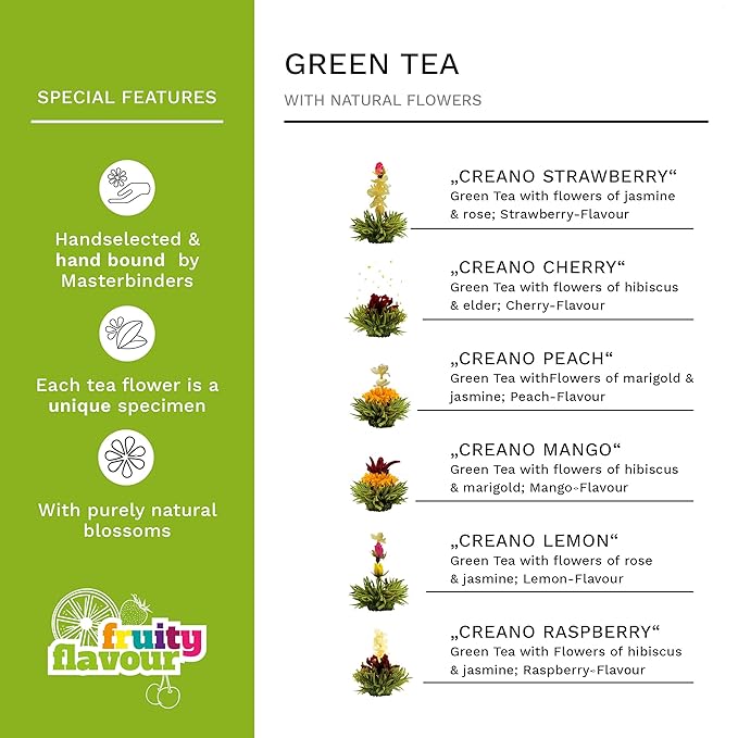 Creano Blooming Tea Gift Set with Glass Teapot 17oz (500ml) - Green Tea Fruity Flavoured Tea Flowers in 6 Varieties - Flowering Tea Gift for Easter