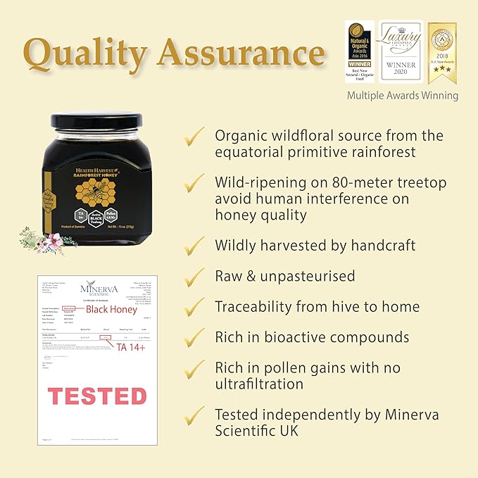 Premium Tualang Black Honey 13oz (TA 14+ Pollen Count 4.8M+ Pollen Variety 150+) Intense Choice for Men Preservation Wild-ripening on 250ft Treetop Raw Unpasteurised Unfiltered