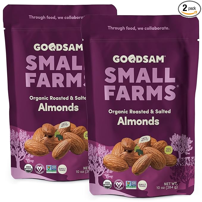 GoodSam Foods - Organic Roasted &amp Salted Almonds 1.25lbs (2x10z Bags) - Regeneratively Farmed California Almonds for Snacking Cooking and Baking