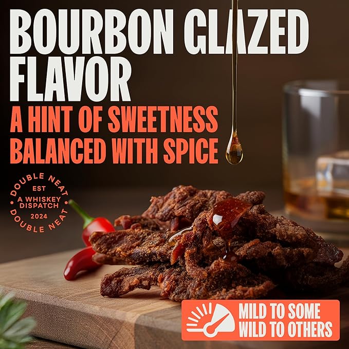 Double Neat Barrel Pick Bourbon Glazed Beef Jerky – Gluten Free – Whiskey Infused Sweet and Smokey High Protein Healthy Snacks – Low Sodium – Gourmet Easter Beef Jerky Gifts for Men – 2 Ounces Each
