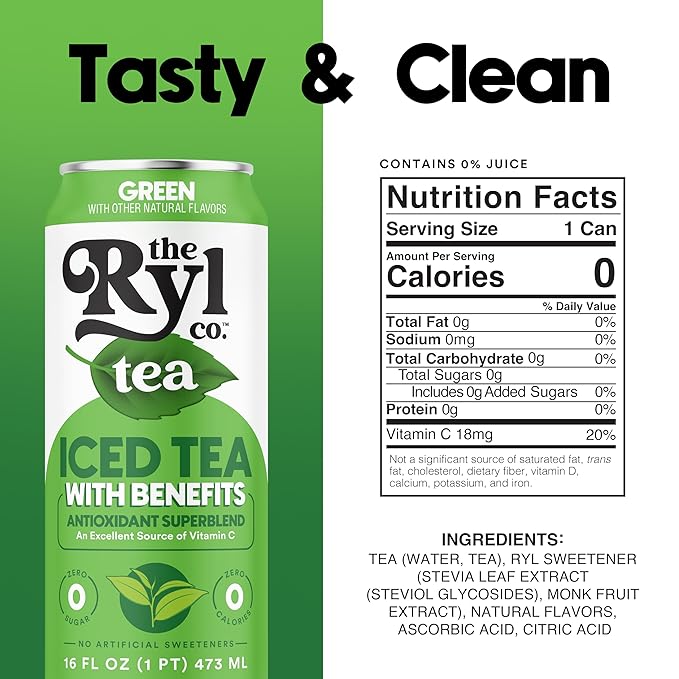 Ryl Iced Tea Green Tea Antioxidant Superblend Zero Sugar Zero Carb Zero Calorie Iced Tea 16.0 Fl Oz (4-Pack)