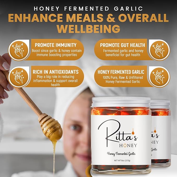 Ritta's Honey Fermented Garlic Honey to Enhance Meals and Overall Wellness. 100% Pure Nutrient Rich Raw California Wild Flower Honey with Organic Fermented Garlic Cloves