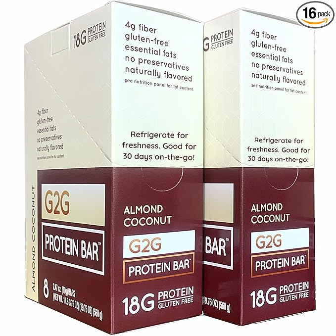 G2G Protein Bar Almond Coconut Real Food Ingredients Refrigerated for Freshness Healthy Snack Delicious Meal Replacement Gluten-Free 16 Count (2 Packs of 8)