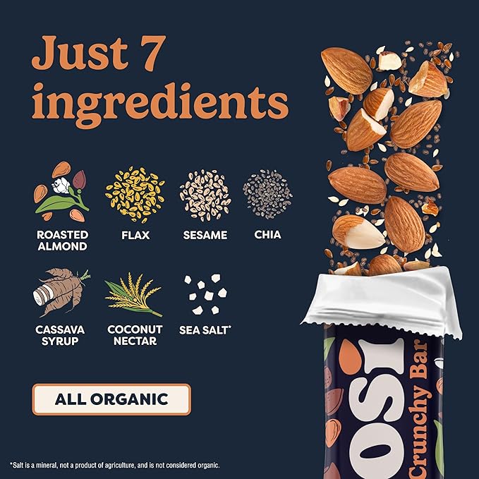 Tosi Nut Bars Almond Healthy Snacks for Adults &amp Kids Plant Based Crunchy Bars (5G Protein) Organic Keto Snacks Vegan Gluten &amp Soy Free Low Sugar Omega 3s 1oz 12-Pack