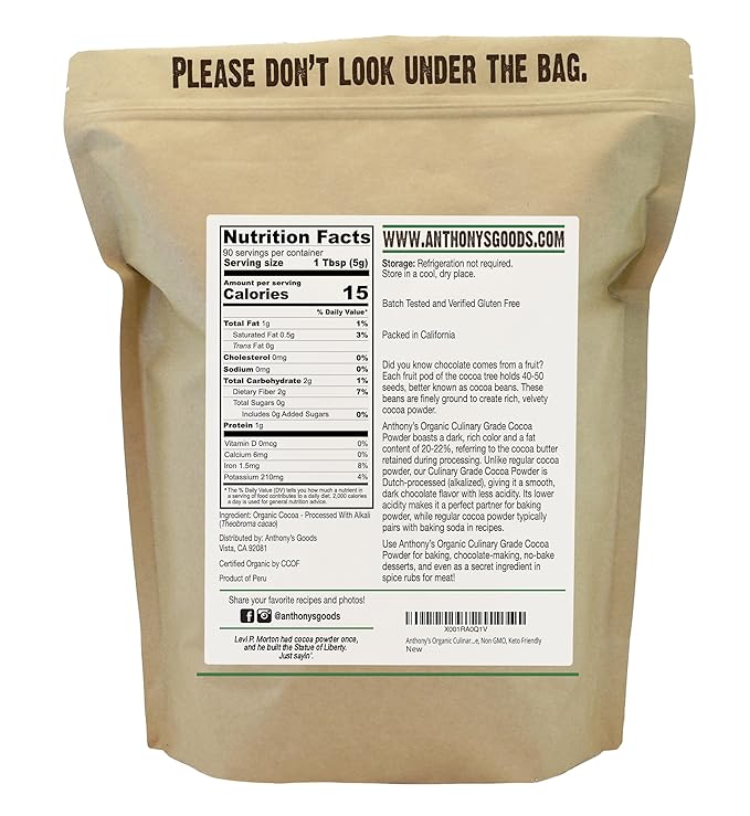 Anthony's Organic Culinary Grade Cocoa Powder 1 lb Dutch Processed Baking Cocoa Gluten Free Non GMO Keto Friendly (Pack of 2)