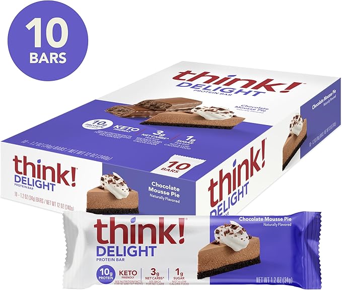 think! Delight Keto Protein Bars Healthy Low Carb Gluten Free Snack - Chocolate Mousse Pie 10 Count (Packaging May Vary)