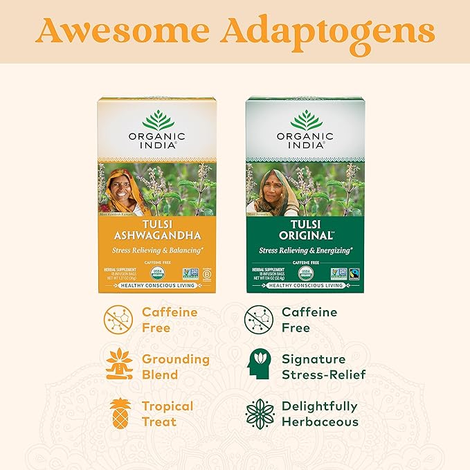 ORGANIC INDIA Calming Tulsi Ashwagandha Tea - Organic Tea Bags Holy Basil Vegan USDA Certified Organic Non-GMO Caffeine Free - 18 Infusion Bags 6 Pack
