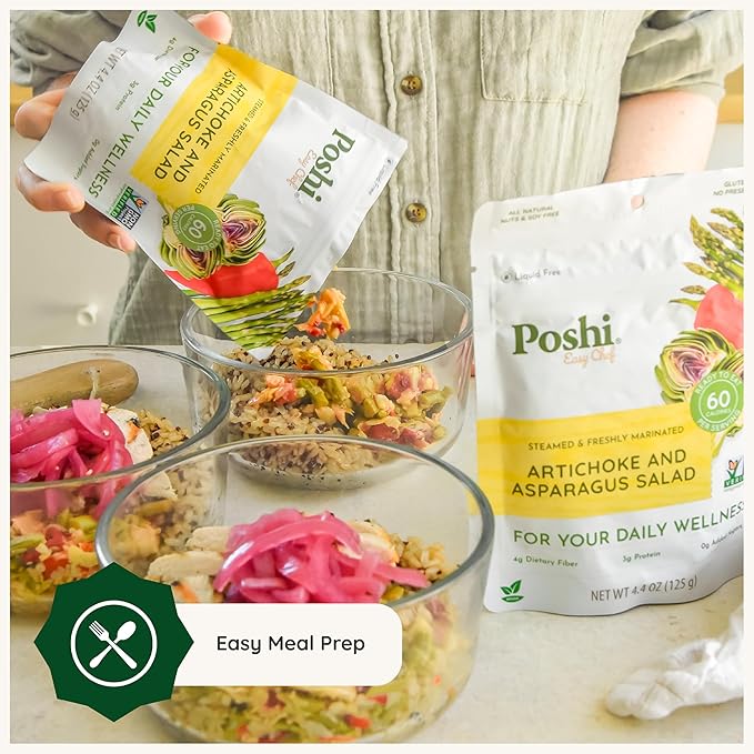 POSHI Artichoke &amp Asparagus Salad Natural Keto Vegan Non GMO Low Carb + Calorie Gluten Free Ready to Eat Fully Cooked Vegetables Pentry Food Gourmet Healthy Travel Food 6 Pack 4.4 oz