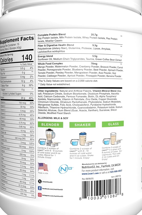 N53 Lean1 Meal Replacement Protein Powder Vanilla Flavor 15 Serving tub No Sugar Added