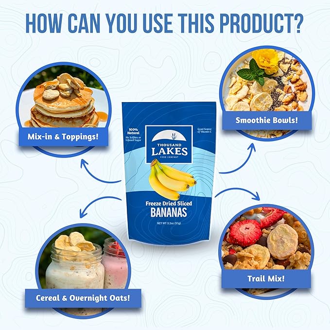 Thousand Lakes Freeze Dried Fruit - Sliced Bananas 2-pack 3.2 ounces (6.4 ounces total) | No Sugar Added | No Oils or Fat | 100% Fruit