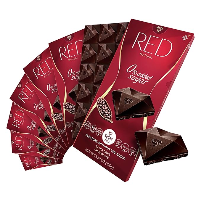 Red Delight Extra Dark Chocolate Bars - 3.53 oz Pack of 8 - Keto-Friendly Vegan Treat - European-Made Smooth Low-Carb Indulgence - Kosher Gluten-Free No Added Sugar Guilt-Free Snack