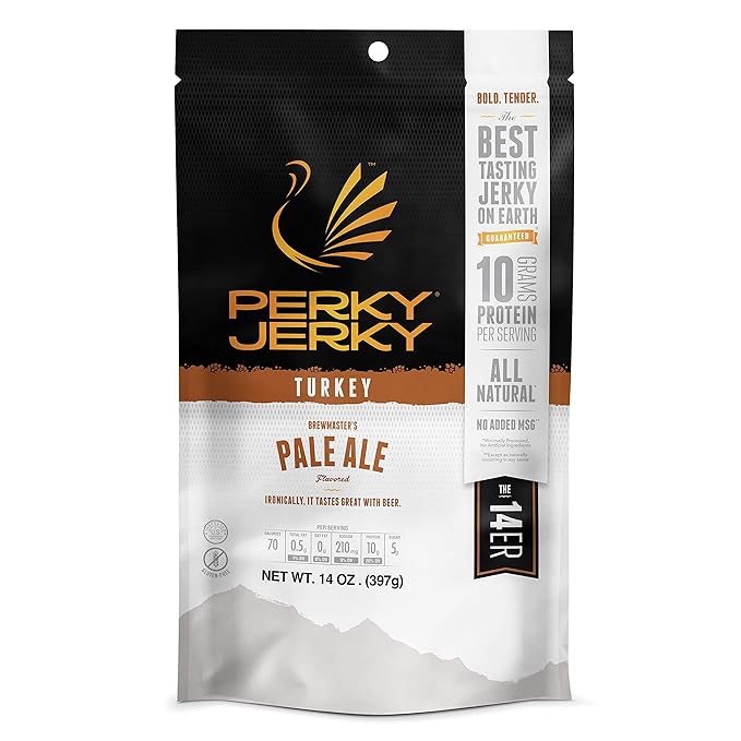 Perky Jerky Brewmaster's Pale Ale Turkey Jerky 14oz - Low Sodium - 10g Protein per Serving - Low Fat - 100% U.S. Sourced - Tender Texture and Bold Flavor