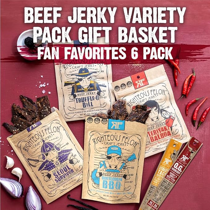 Righteous Beef Jerky Variety Pack Gift Basket - Great Gifts for Men | Gluten Free High Protein Healthy Snack | Beef Pork &amp Turkey Jerky Variety Snack Pack | Fan Favorites 6 Pack