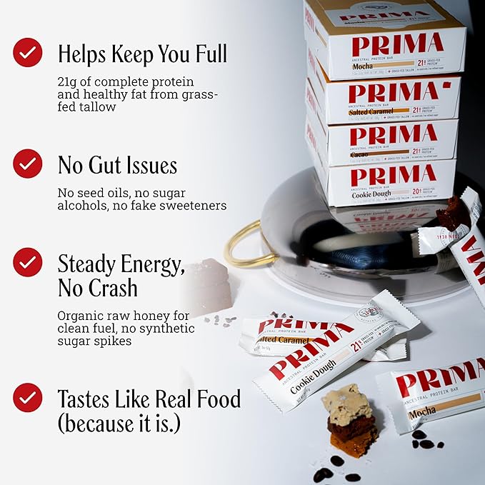 Prima Ancestral Protein Bar | Grass Fed 21g Protein Salted Caramel | Beef Tallow Raw Honey Egg Yolk | Seed Oil Free No Artificial Sweeteners | 7 Pack