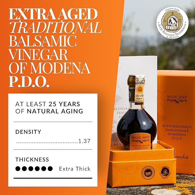 MANICARDI Extra Aged Balsamic Vinegar of Modena PDO - 25 Years - Perfect for Snacks Pasta Vegetables Salad Dressings and Meat - Made in Italy - 3.38 Fl Oz (100 ml)