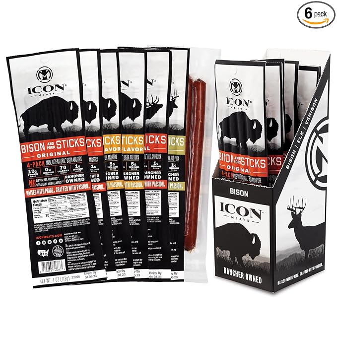 ICON Meats Snack Sticks Sampler 6 Pack High Protein Snacks Assorted Bison Elk Venison &amp Pork Jerky 4 Meat Sticks per Pack Gluten Free Low Sugar Made in the USA Gifts for Him