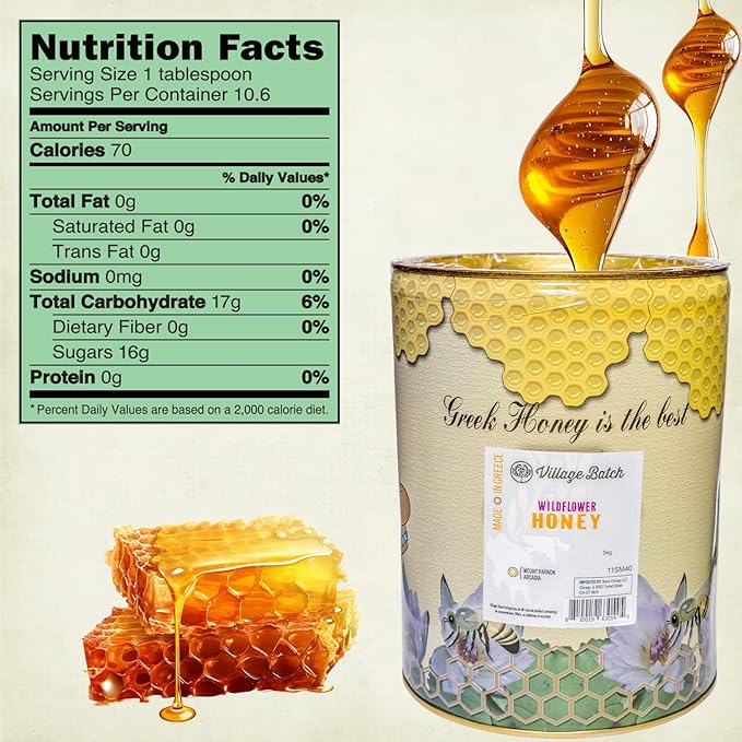 Village Batch Raw Organic Wildflower Honey Bulk 11 lb. (Pack of 1) Organic and Unpasteurized Authentic Greek Honey from Mount Mainalon Rich and Floral Perfect for Cooking Baking and Sweetening